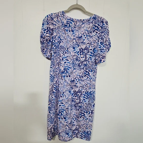 Lilly Pulitzer Haydn Mini Dress Short Puff Sleeve Blue Oceanscape Print Pink - Picture 6 of 8